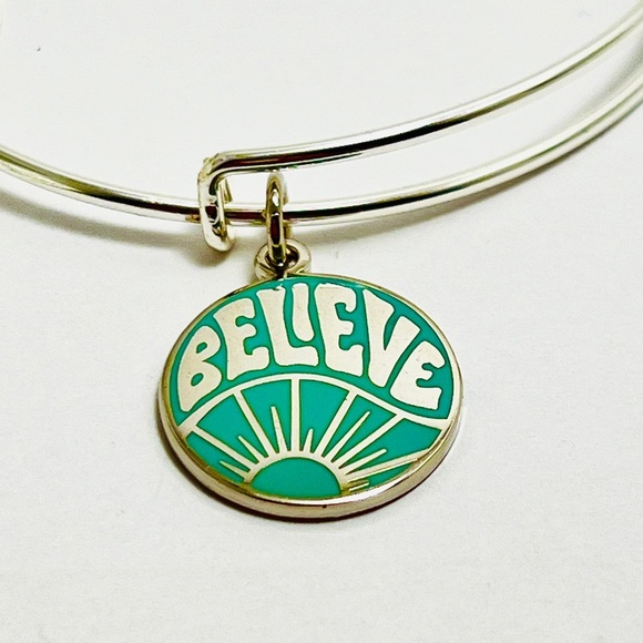 Alex and Ani Shiny Silver Bracelet with Teal 'Believe' Charm - Picture 2 of 7